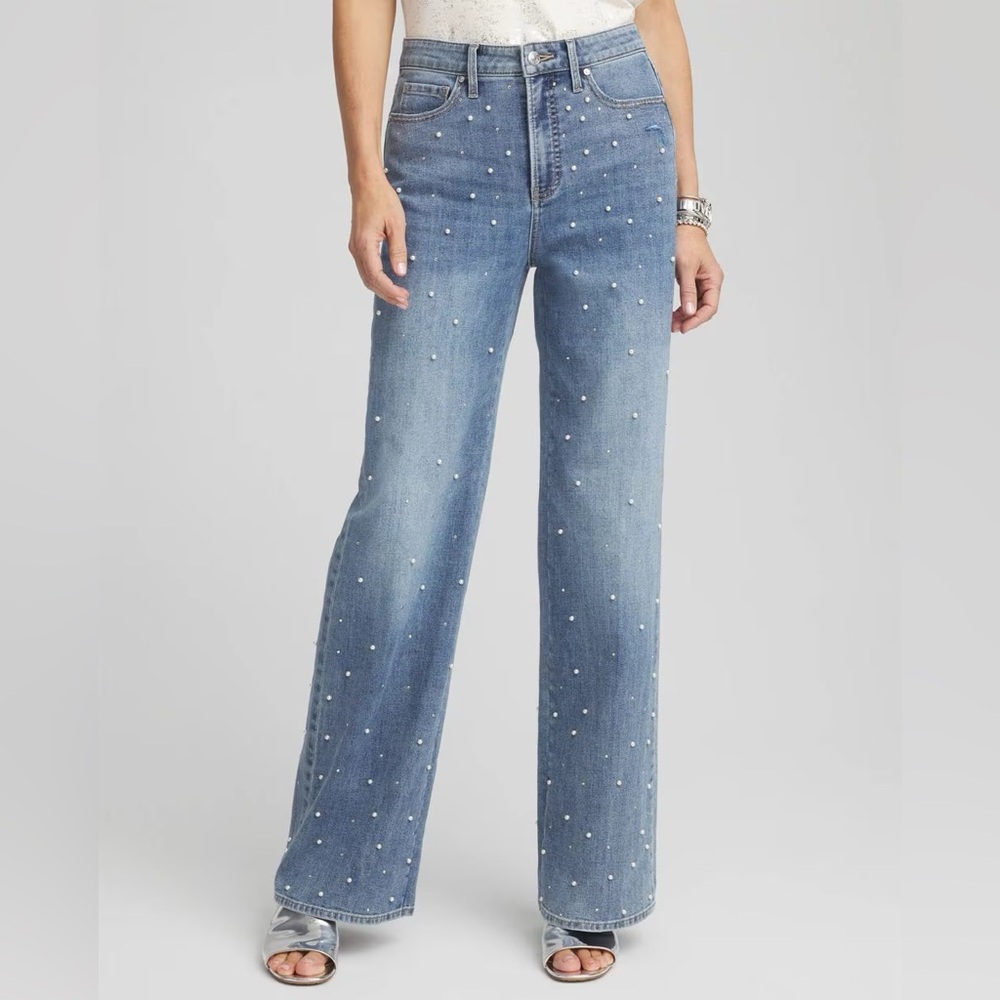 Chicos Pearl Embellished High Rise Wide Leg Jeans